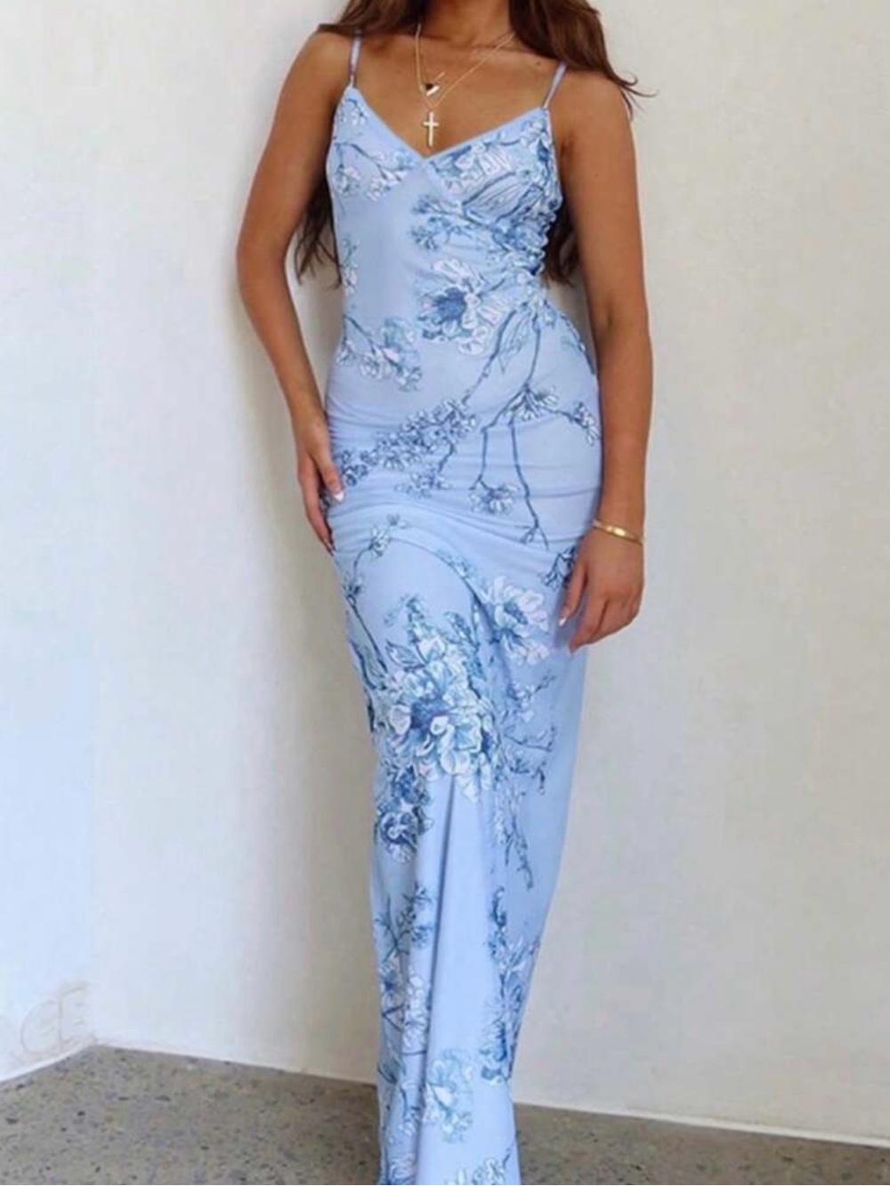 Light Blue Floral Slip Maxi Dress - Women